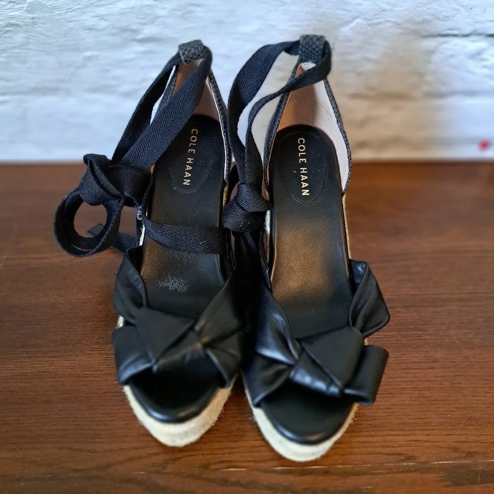 Cole Haan Grand 360 Black Leather Ankle Tie Espadrille Wedge Sandals